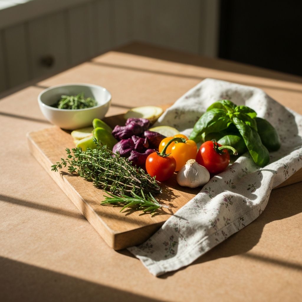 Warm natural food setting with herbs and vegetables